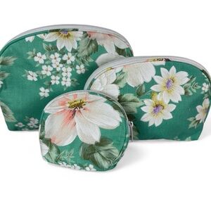 Floral Cosmetic Bag Set 3 Piece Green Pink Flowers Makeup Pouch Organizer Travel